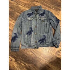 Reason Denim Jacket Mens M Blue Patch Scorpion Applique Y2K Grunge Punk Street